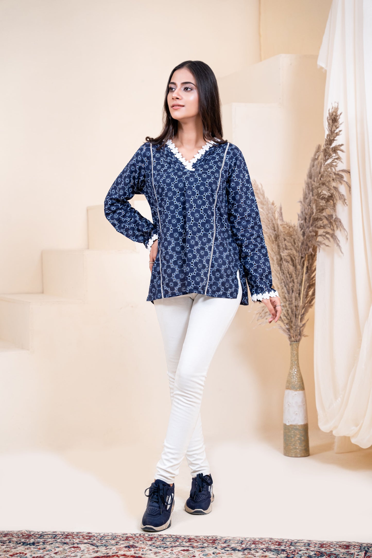 Indigo Mosaic Lace-Trimmed Tunic