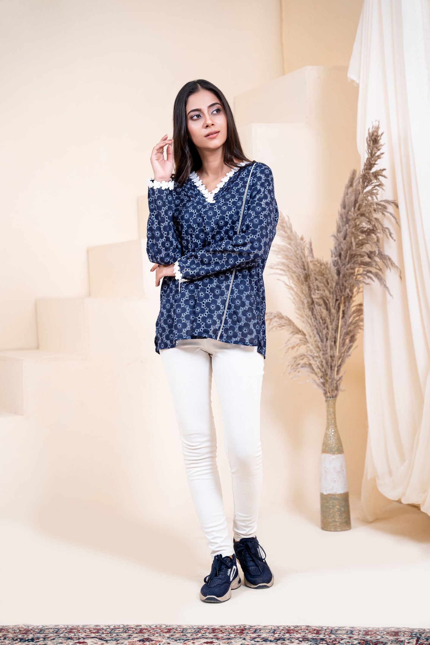 Indigo Mosaic Lace-Trimmed Tunic