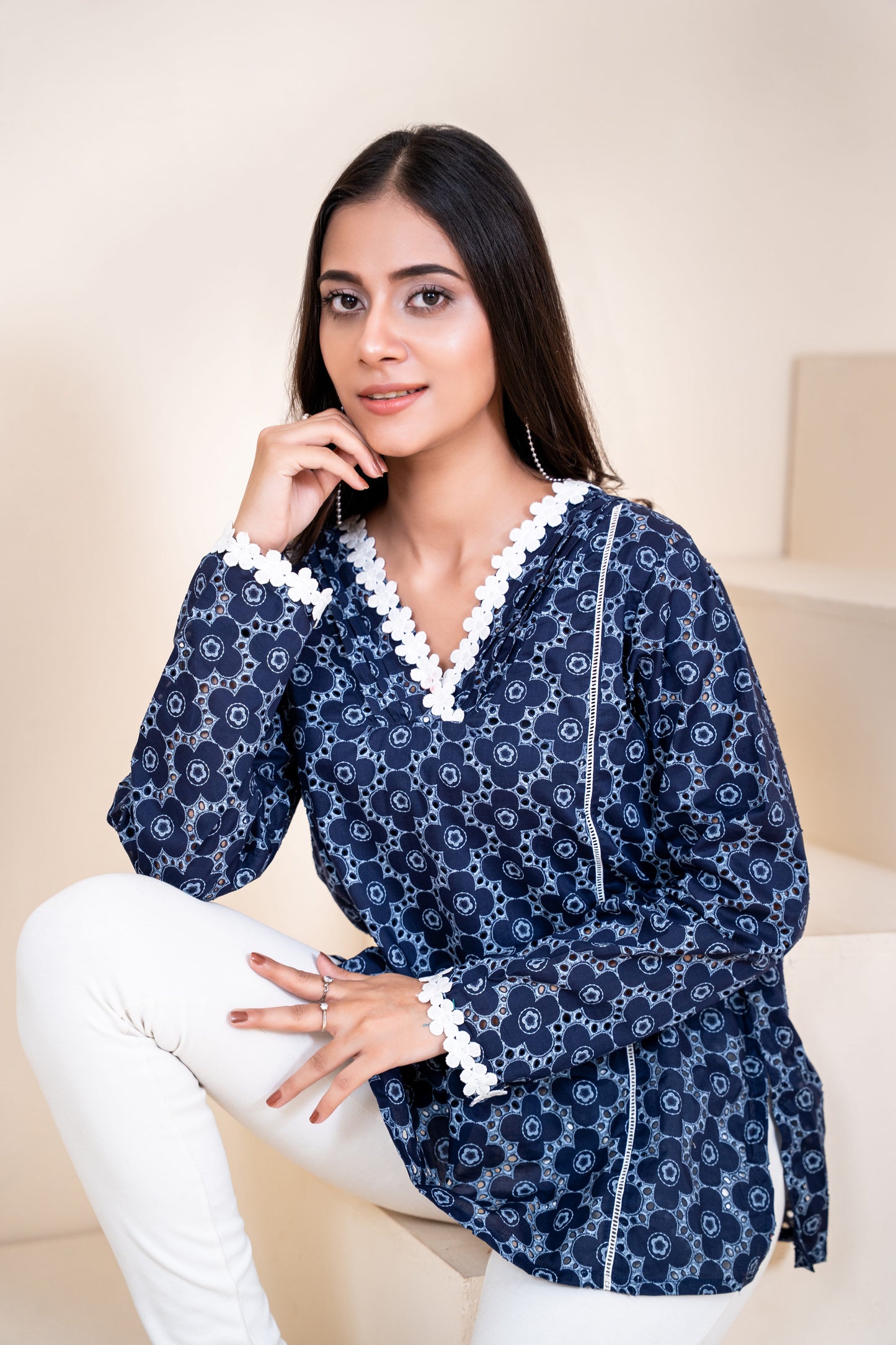 Indigo Mosaic Lace-Trimmed Tunic