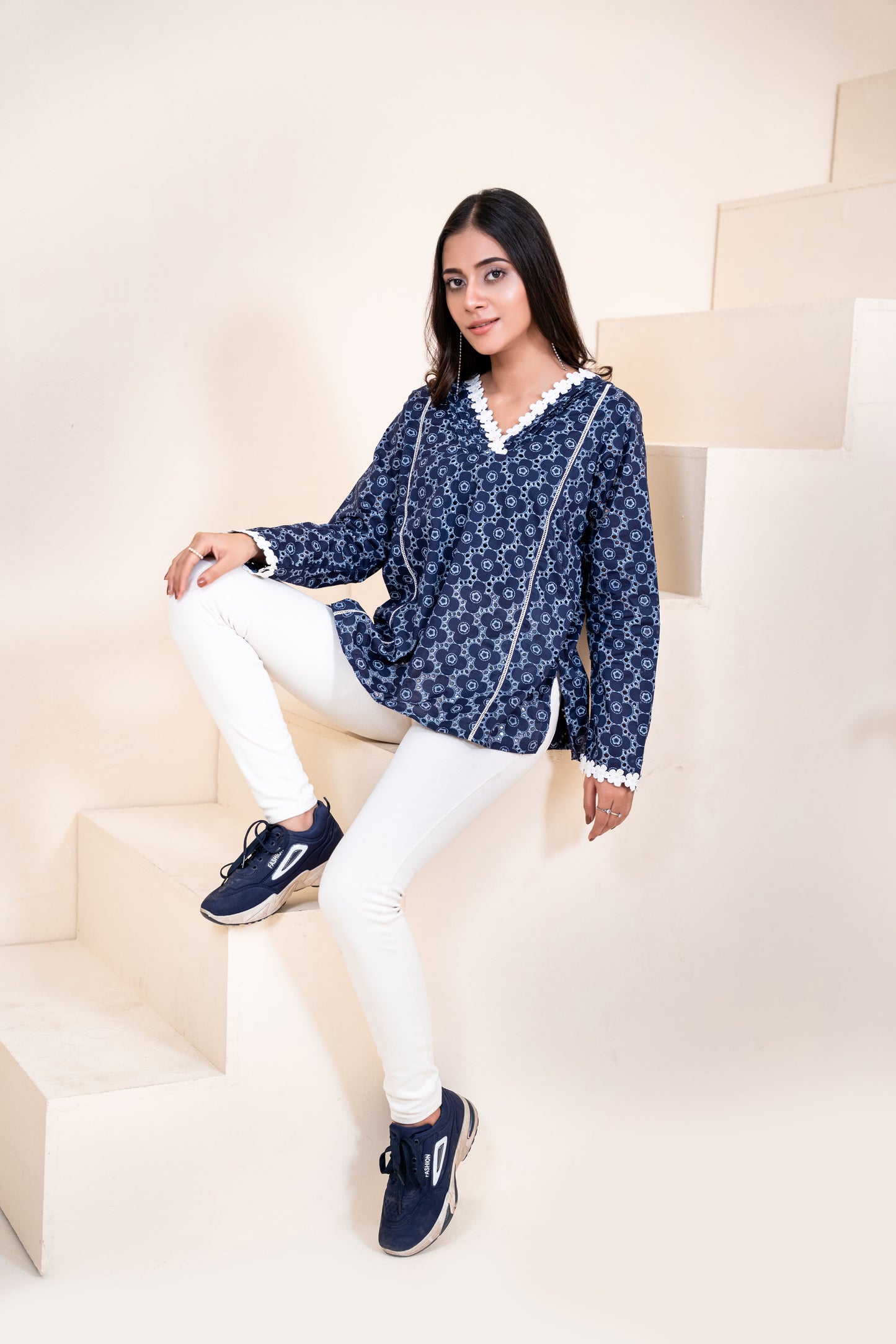 Indigo Mosaic Lace-Trimmed Tunic