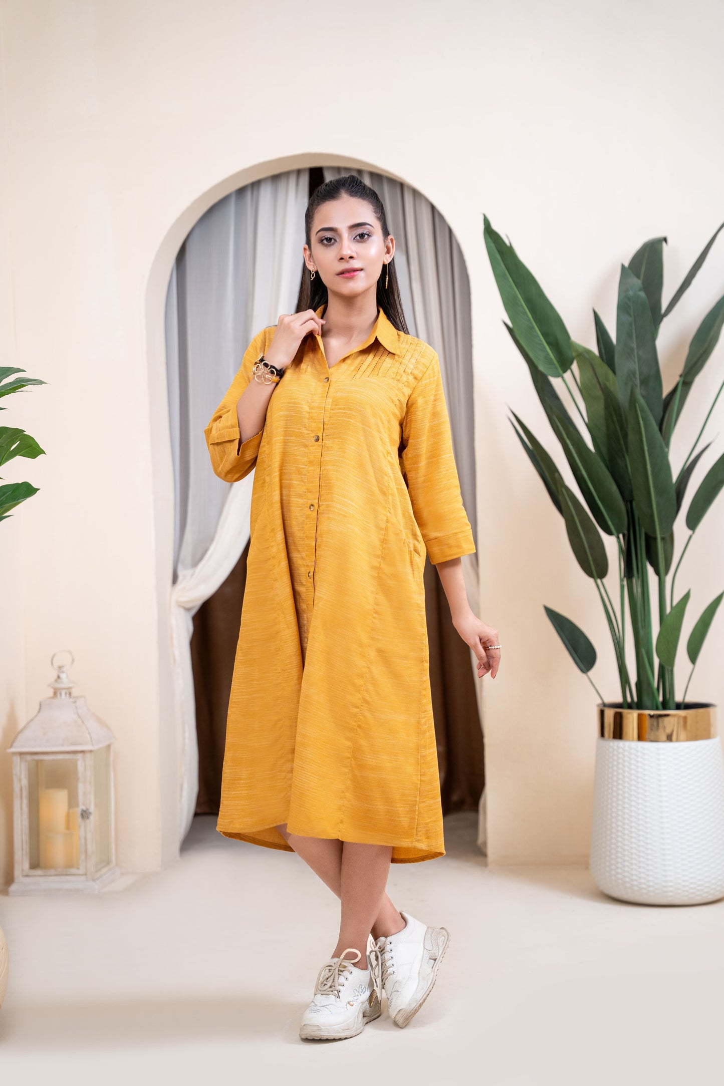 The Saffron Pleated Shirt Dress