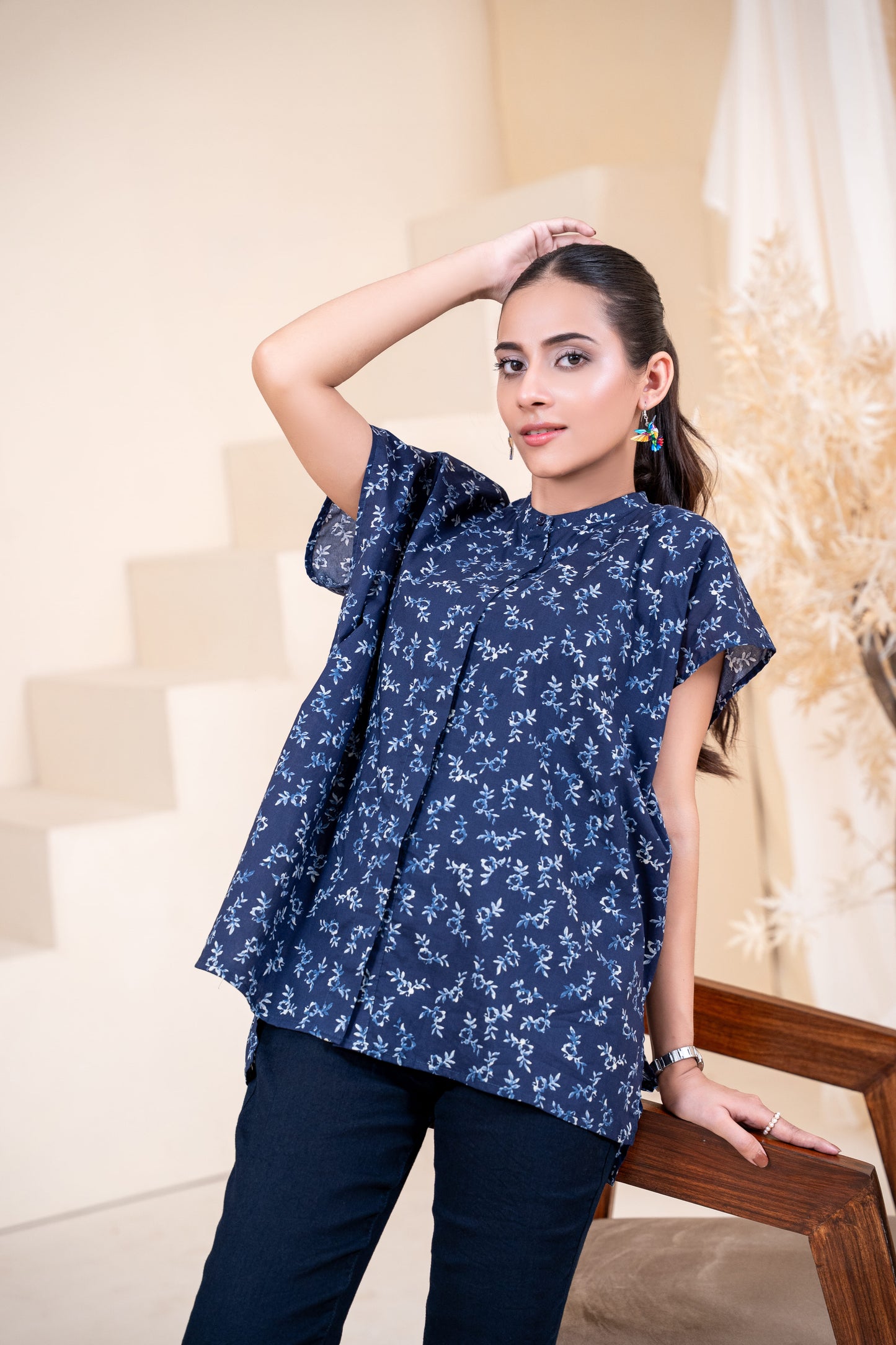 Navy Sprig High-Low Tunic