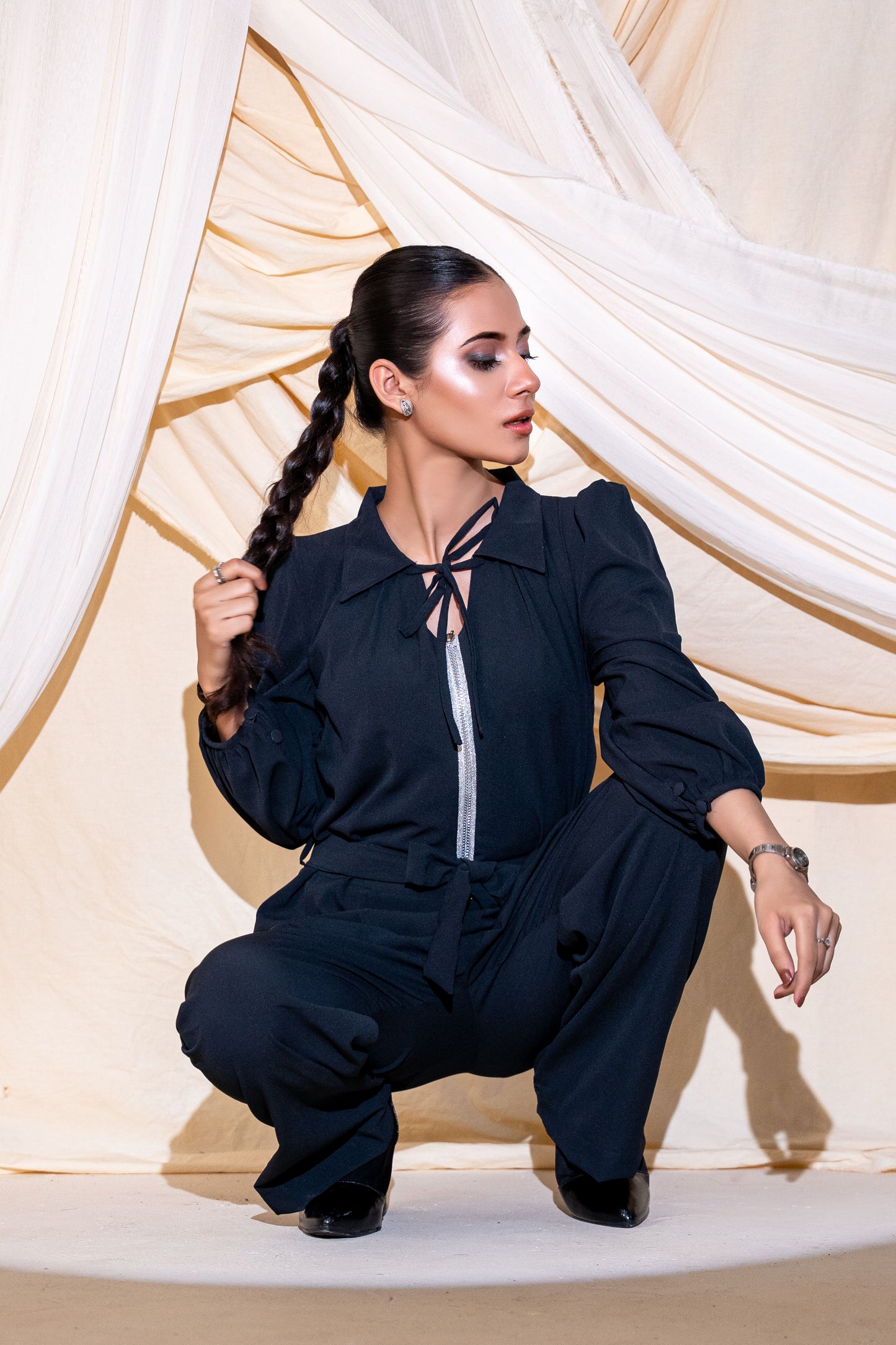 The Midnight Navy Tie-Neck Jumpsuit