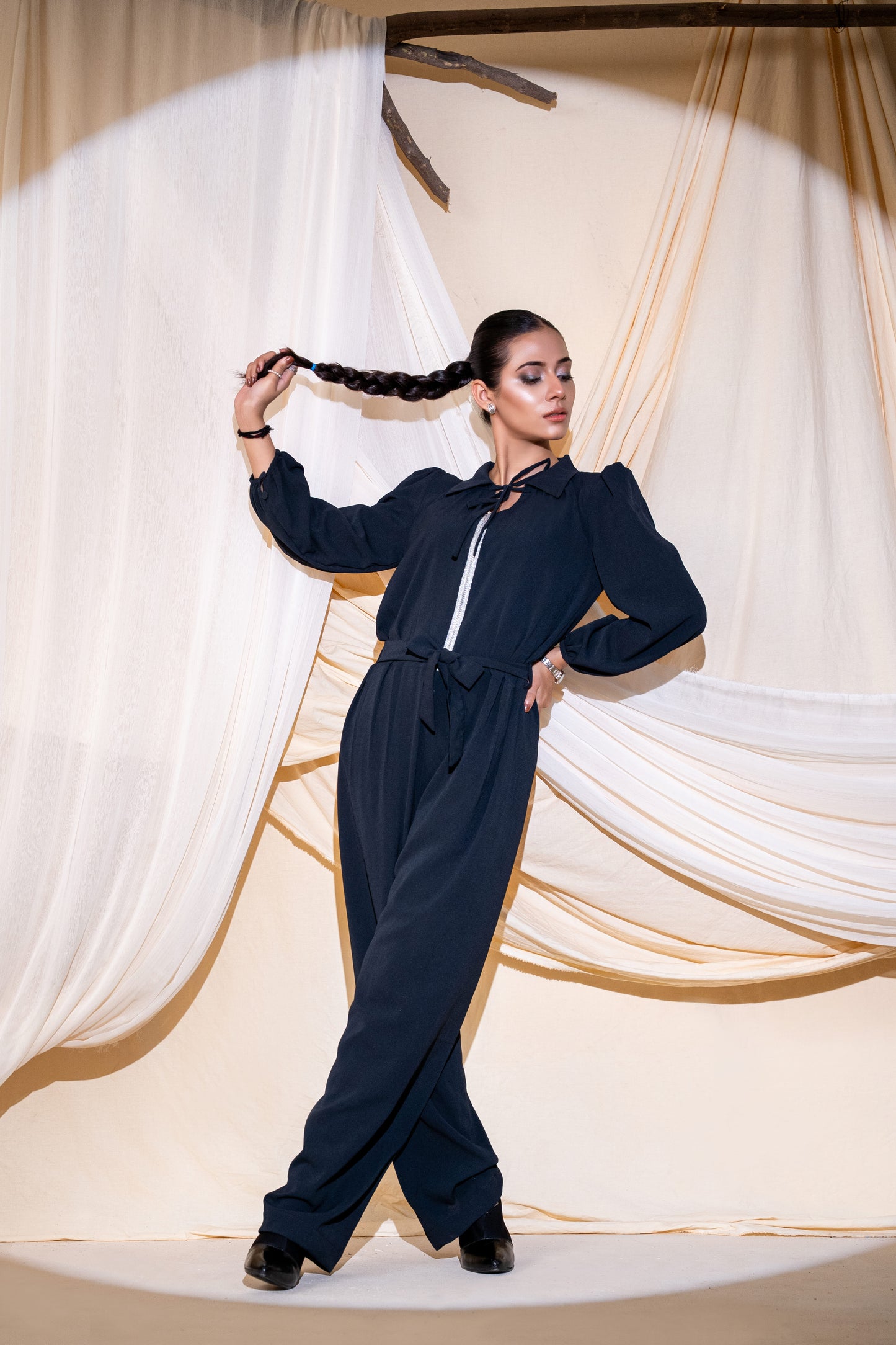 The Midnight Navy Tie-Neck Jumpsuit
