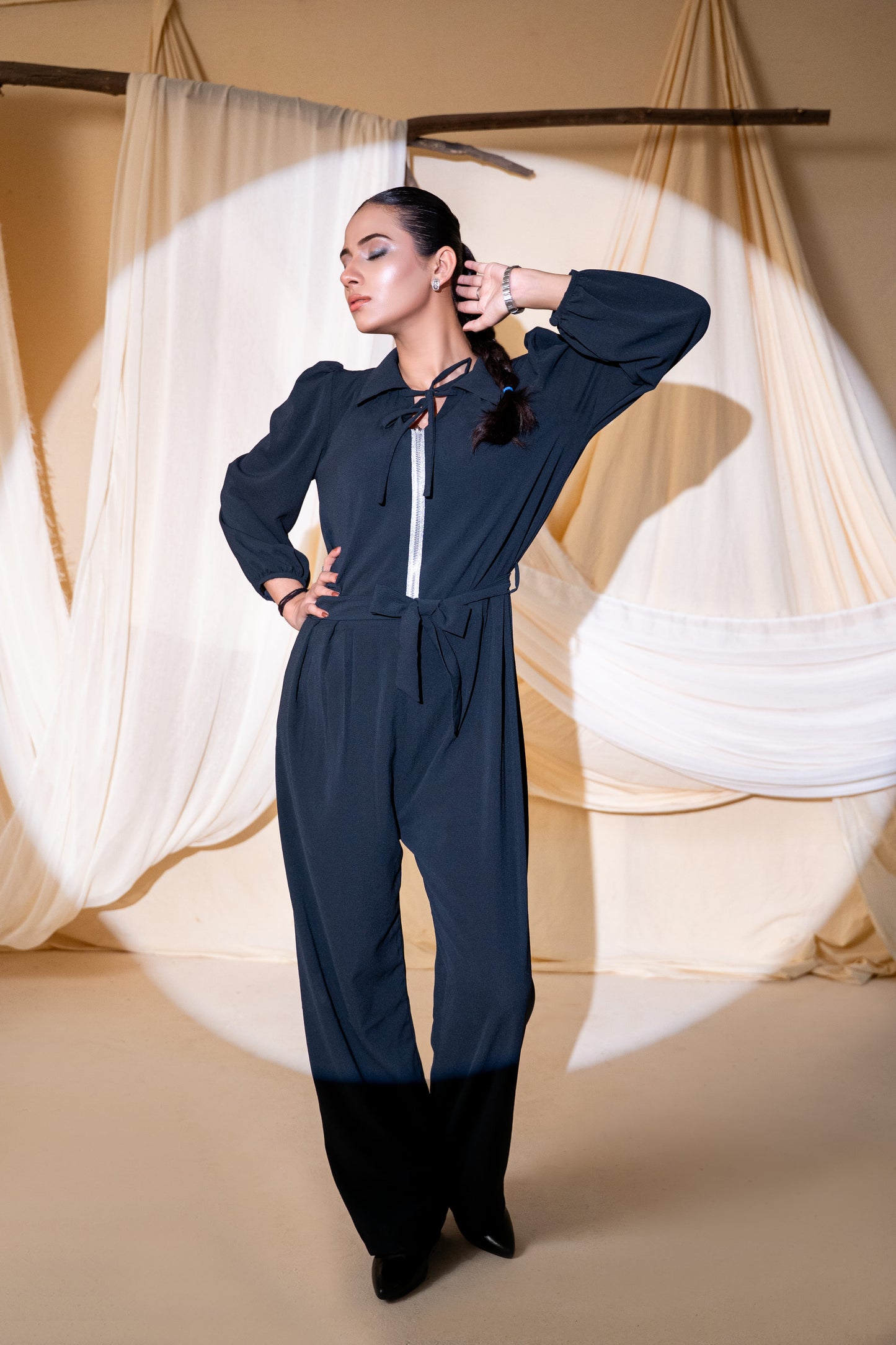 The Midnight Navy Tie-Neck Jumpsuit